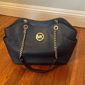 Michael Kors Jet Set Travel Chain Shoulder Leather Tote Bag Navy